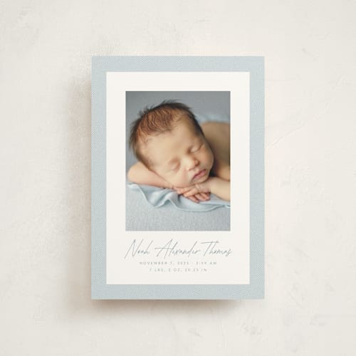This is a sky birth announcement postcards with standard by Lea Delaveris called corduroy printing on signature in postcard