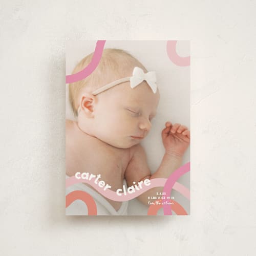 This is a peach sherbet birth announcement postcards with standard by Lauren Chism called wiggle worm printing on signature in postcard