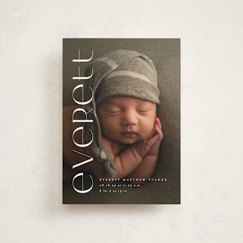 This is a linen birth announcement postcards with standard by Erica Krystek called modern name printing on signature in postcard