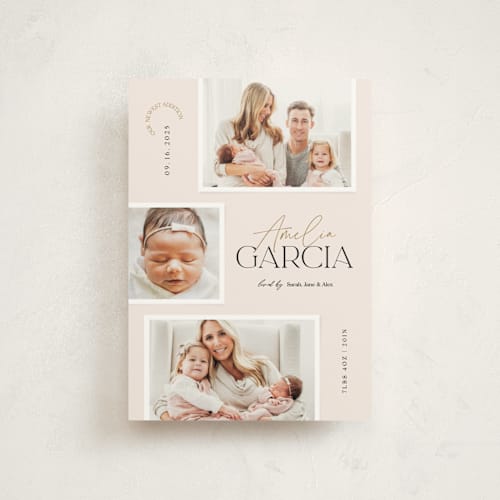 This is a blush birth announcement postcards with standard by Elan Studio called meet our baby printing on signature in postcard