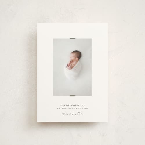 This is a forest birth announcement postcards with standard by Blustery August called cole printing on signature in postcard