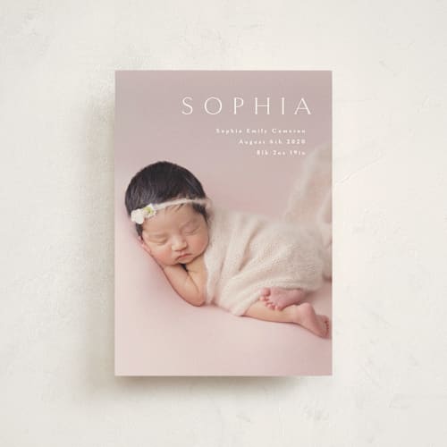 This is a white birth announcement postcards with standard by Phrosné Barwood called angel printing on signature in postcard