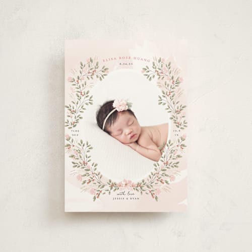 This is a blush birth announcement postcards with standard by Susan Moyal called sweet floral vine printing on signature in postcard