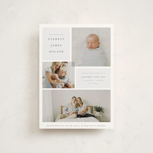 This is a dusty blue birth announcement postcards with standard by Julie Murray called love multiplies printing on signature in postcard
