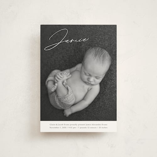 This is a charcoal birth announcement postcards with standard by Rebecca Rueth called jamie printing on signature in postcard