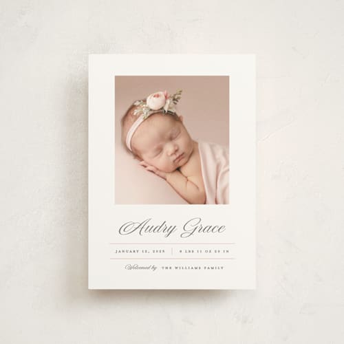 This is a peony birth announcement postcards with standard by Pixel and Hank called elegance printing on signature in postcard
