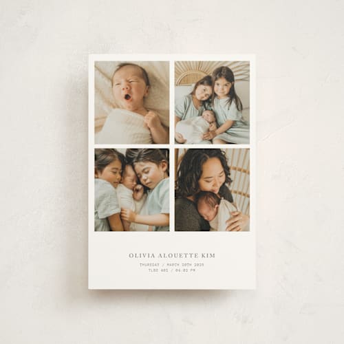 This is a snow birth announcement postcards with standard by Bramble Studio called love in a grid printing on signature in postcard