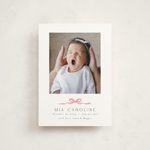 This is a cotton candy birth announcement postcards with standard by Paula Pecevich called sweet bow printing on signature in postcard