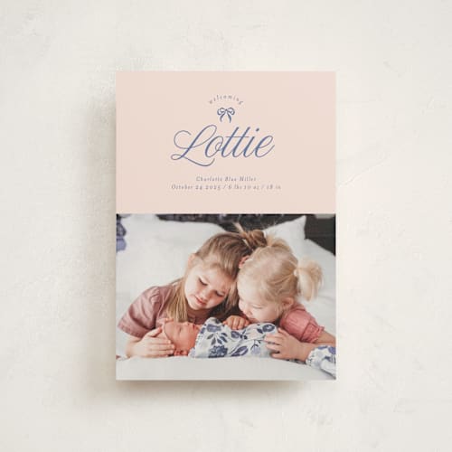 This is a petal birth announcement postcards with standard by Leia Matt called preppy little bow printing on signature in postcard
