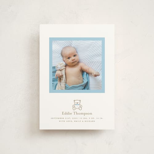 This is a baby birth announcement postcards with standard by mo kelley called teddy printing on signature in postcard