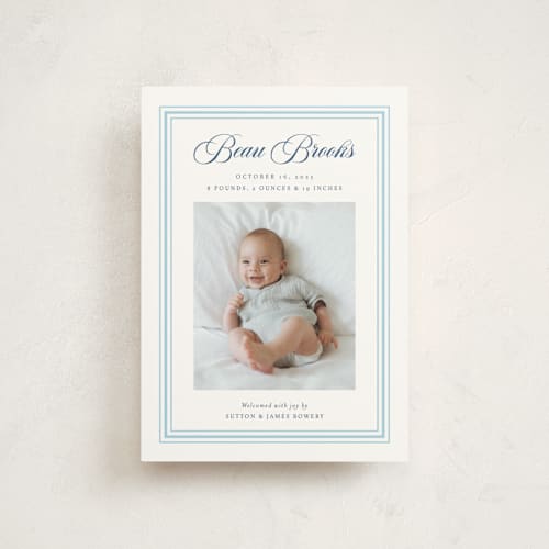 This is a baby blue birth announcement postcards with standard by Alston Foster called little darling printing on signature in postcard