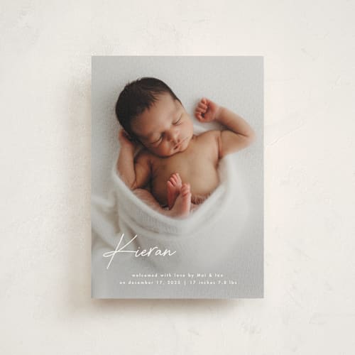 This is a marshmallow birth announcement postcards with standard by chocomocacino called raclette printing on signature in postcard