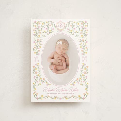 This is a cotton candy birth announcement postcards with standard by Creo Study called cottagecore printing on signature in postcard