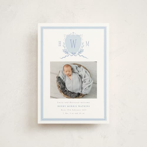 This is a sky birth announcement postcards with standard by Corinne Malesic called crest printing on signature in postcard