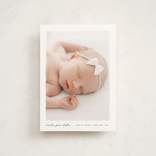 This is a snow birth announcement postcards with standard by Pixel and Hank called edgy printing on signature in postcard