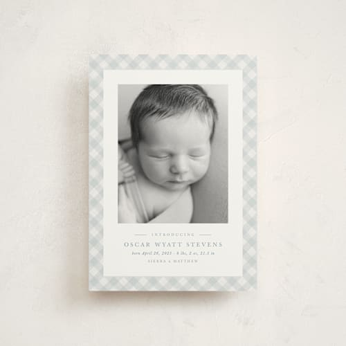 This is a sky birth announcement postcards with standard by Lea Delaveris called checked printing on signature in postcard