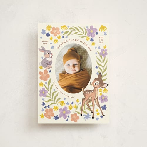 This is a cream birth announcement postcards with standard by Cass Loh called disney's magical bambi printing on signature in postcard