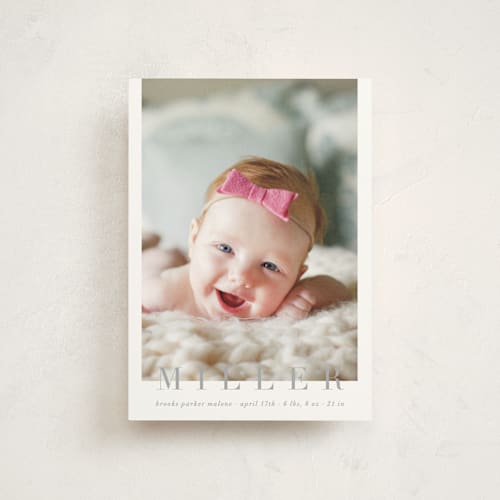 This is a cement birth announcement postcards with standard by Sara Hicks Malone called classic baby printing on signature in postcard
