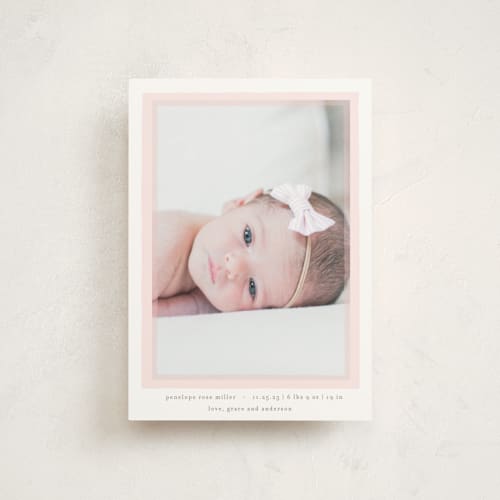 This is a blush birth announcement postcards with standard by Lauren Chism called cotton candy printing on signature in postcard