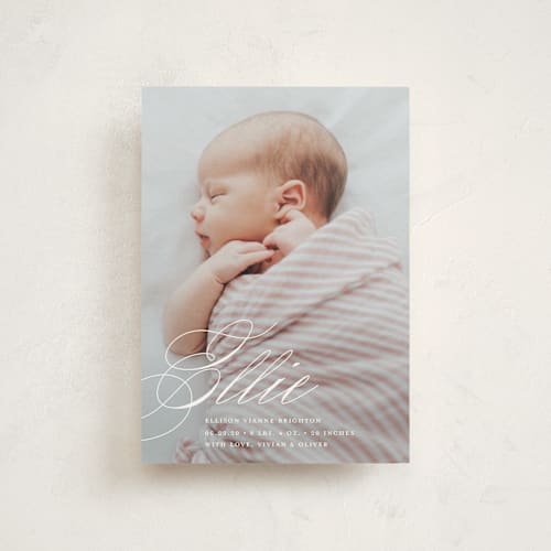 This is a sugar birth announcement postcards with standard by Jessica Williams called precious script printing on signature in postcard