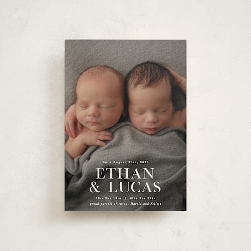 This is a baby powder birth announcement postcards with standard by Hooray Creative called double take printing on signature in postcard