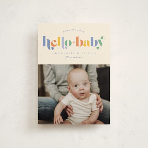 This is a bluebird birth announcement postcards with standard by Jessica Corliss called hello sweet baby printing on signature in postcard