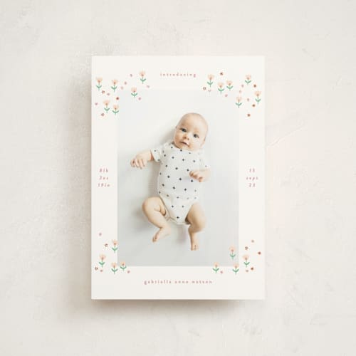 This is a spring birth announcement postcards with standard by Phrosné Barwood called tiny blooms printing on signature in postcard