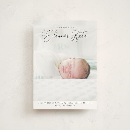 This is a onyx birth announcement postcards with standard by Kasia Labocki called formal script printing on signature in postcard