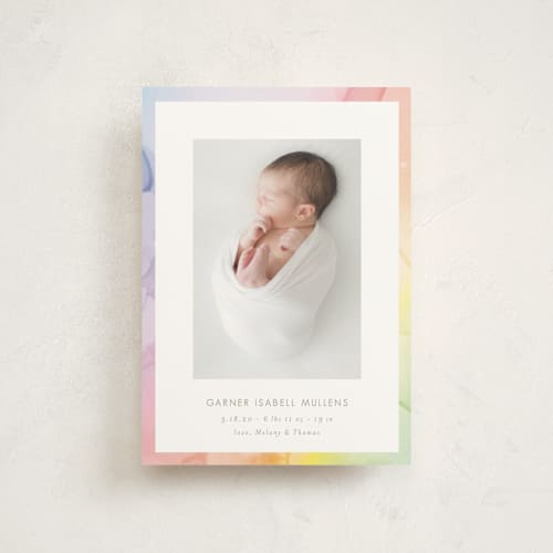 This is a sherbert birth announcement postcards with standard by Kaydi Bishop called rainbow surround printing on signature in postcard