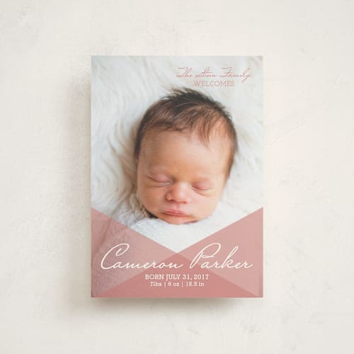 This is a peach birth announcement postcards with standard by Jessie Steury called say hello printing on signature in postcard