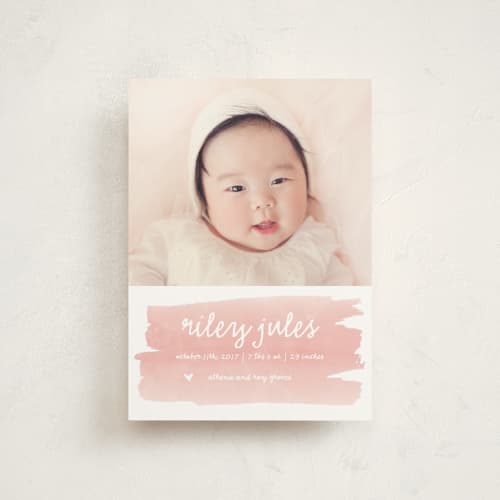 This is a blush birth announcement postcards with standard by SimpleTe Design called sweet splash printing on signature in postcard