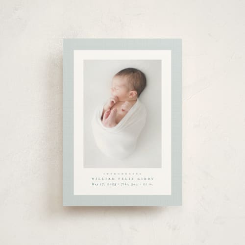 This is a powder birth announcement postcards with standard by Lea Delaveris called linen frame printing on signature in postcard