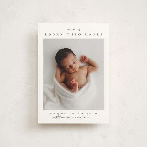 This is a sugar birth announcement postcards with standard by Chris Griffith called frame of happiness printing on signature in postcard