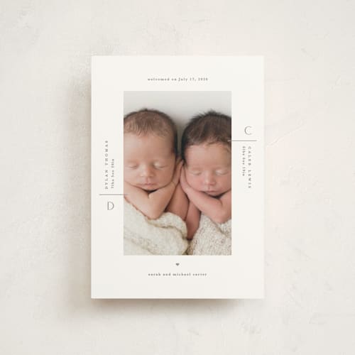 This is a pristine birth announcement postcards with standard by Creo Study called twin chic printing on signature in postcard