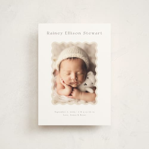 This is a oatmeal birth announcement postcards with standard by Jennifer Wick called applique printing on signature in postcard