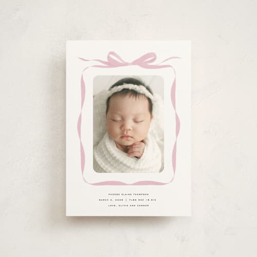 This is a poppy birth announcement postcards with standard by Olivia Kanaley Inman called bow printing on signature in postcard