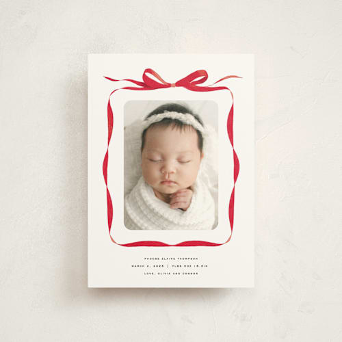 This is a crimson birth announcement postcards with standard by Olivia Kanaley Inman called bow printing on signature in postcard