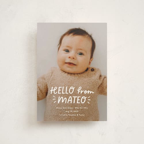 This is a cloud birth announcement postcards with standard by Jackie Crawford called fun hello printing on signature in postcard