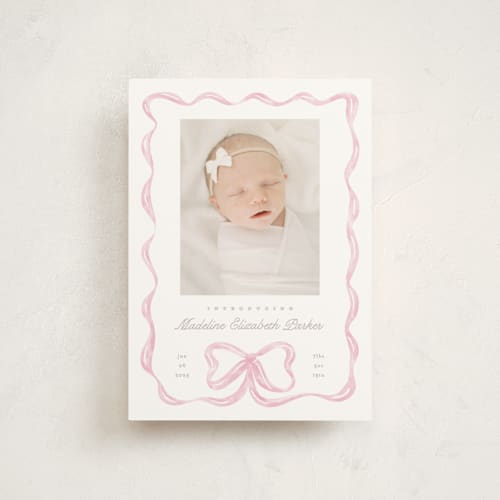 This is a peony birth announcement postcards with standard by Creo Study called squiggle bow printing on signature in postcard