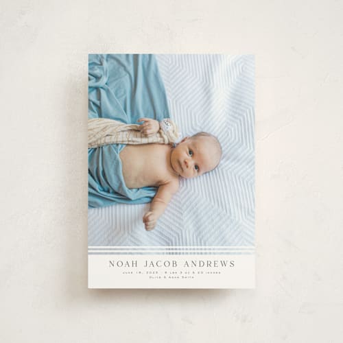 This is a cloud birth announcement postcards with standard by Nicole Walsh called minimalist stripes printing on signature in postcard