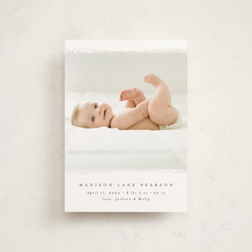 This is a dove birth announcement postcards with standard by Amy Payne called deckled edge printing on signature in postcard