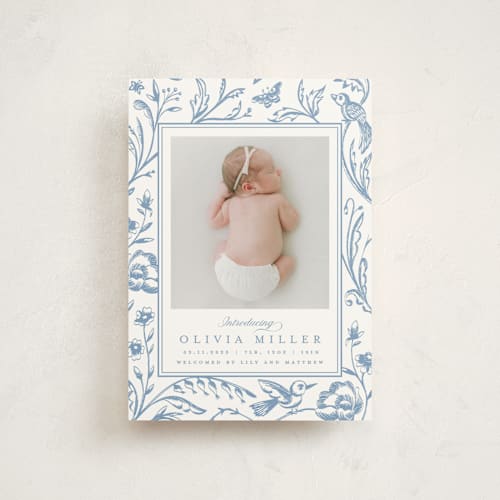 This is a cloud birth announcement postcards with standard by Teju Reval called dreamy garden printing on signature in postcard