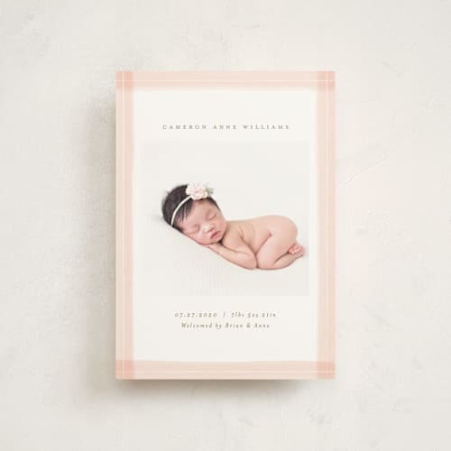 This is a blush birth announcement postcards with standard by Michelle Taylor called trimmings printing on signature in postcard