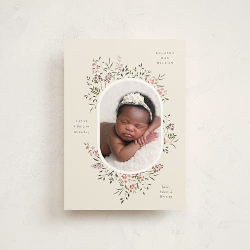 This is a eggshell birth announcement postcards with standard by Itsy Belle Studio called wildflower printing on signature in postcard