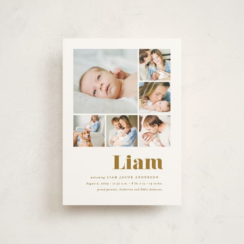 This is a golden birth announcement postcards with standard by Ana Sharpe called bold arrival printing on signature in postcard