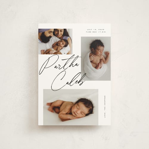 This is a charcoal birth announcement postcards with standard by Michelle Taylor called scattered trio printing on signature in postcard