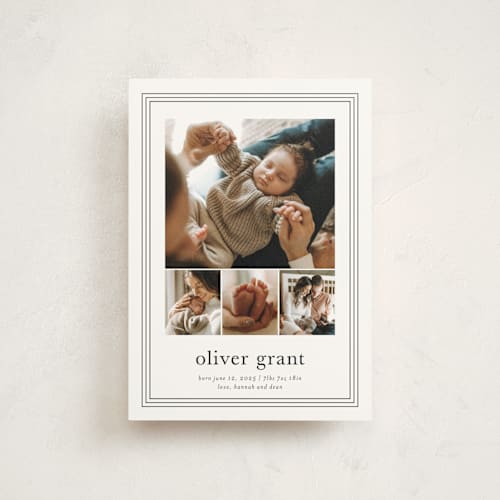 This is a cotton birth announcement postcards with standard by Stacey Meacham called classy frame printing on signature in postcard