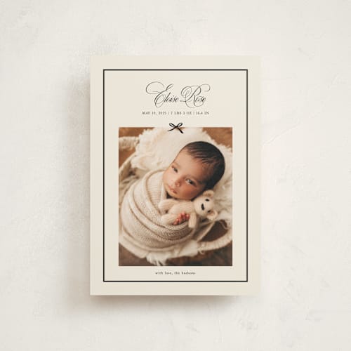 This is a charcoal birth announcement postcards with standard by Chelsea Petaja called elegant bow holiday printing on signature in postcard