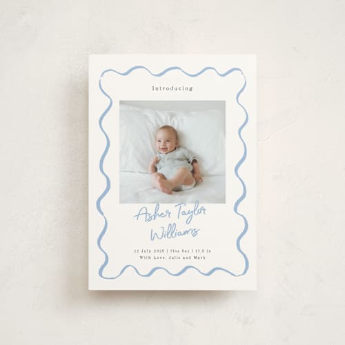 This is a dusty blue birth announcement postcards with standard by Cass Loh called handdrawn wavy frame printing on signature in postcard