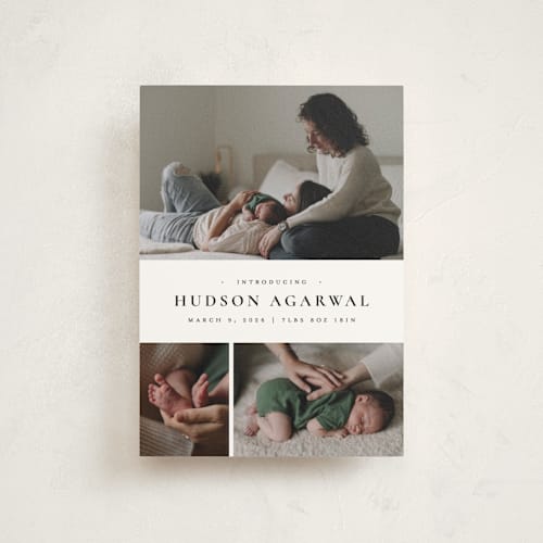 This is a noir birth announcement postcards with standard by Wildfield Paper Co called quartzite printing on signature in postcard